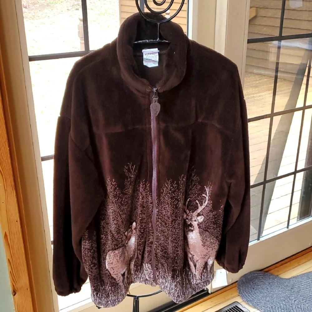 Milton Funwear Brown Deer Fleece Jacket Full Zip Wildlife Forest Made Canada S